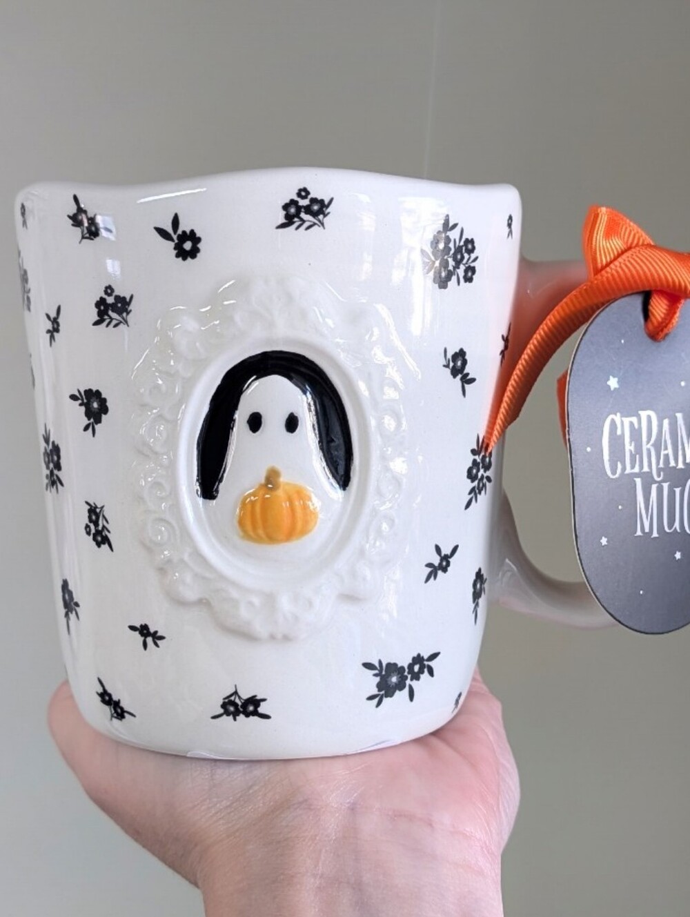 Portrait Style Ghost w/ Floral Design Halloween Mug by Sunday Morning Ceramics👻